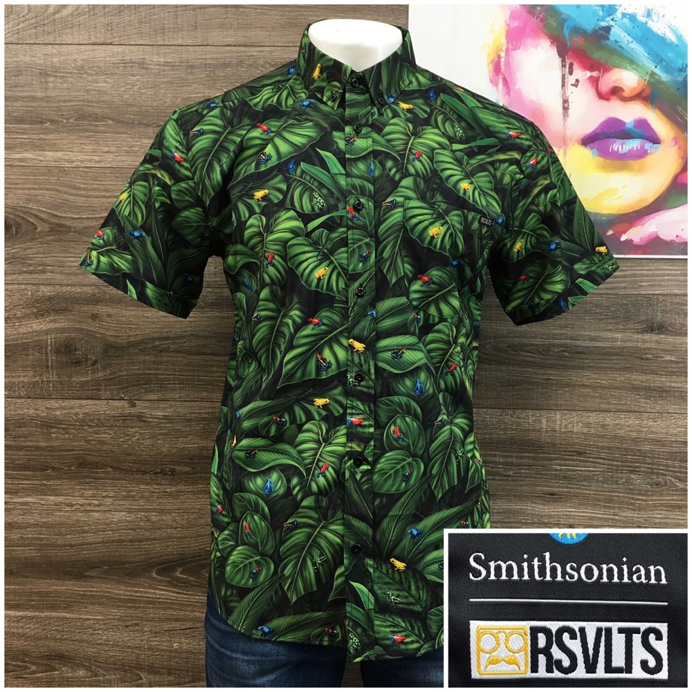 RSVLTS Smithsonian Mens L Kunuflex Poison Dart Frog Tropical Button Down Shirt